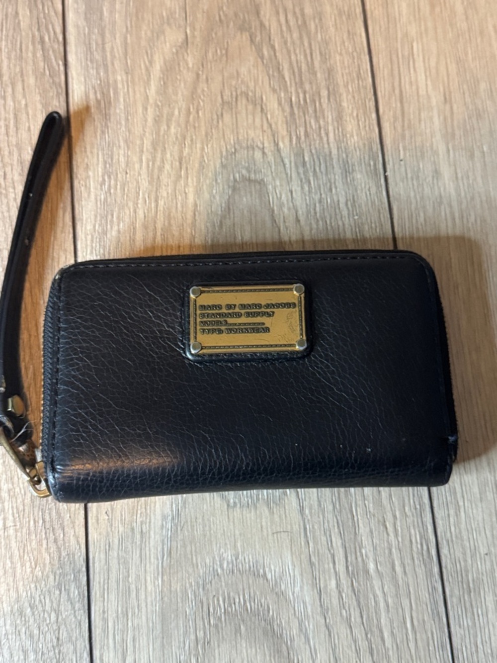 Marc by Marc Jacobs Black Leather Zip-Around Wristlet with Gold Plate